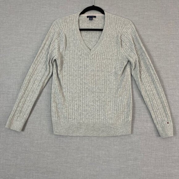 Tommy Hilfiger Cable Knit Sweater Light Gray V-Neck Pull Over Sz XL Stretchy - Picture 1 of 7